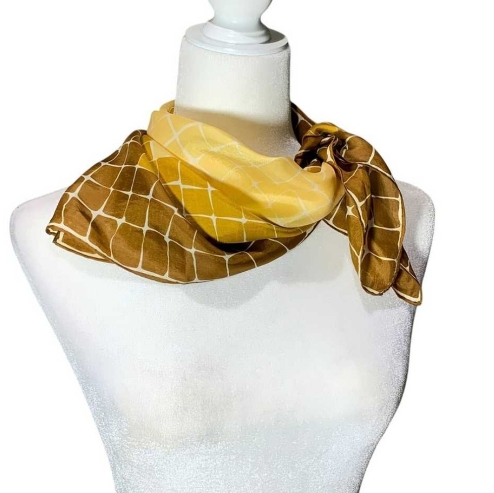 Vtg Burmel Silk Scarf Brown Old Gold Yellow Mod Geometric 23" Square Handrolled - Picture 2 of 5